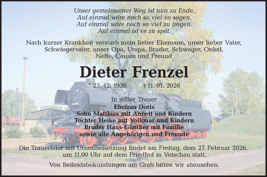 Traueranzeige von Dieter Frenzel von Ausg. LR Spreewald RS