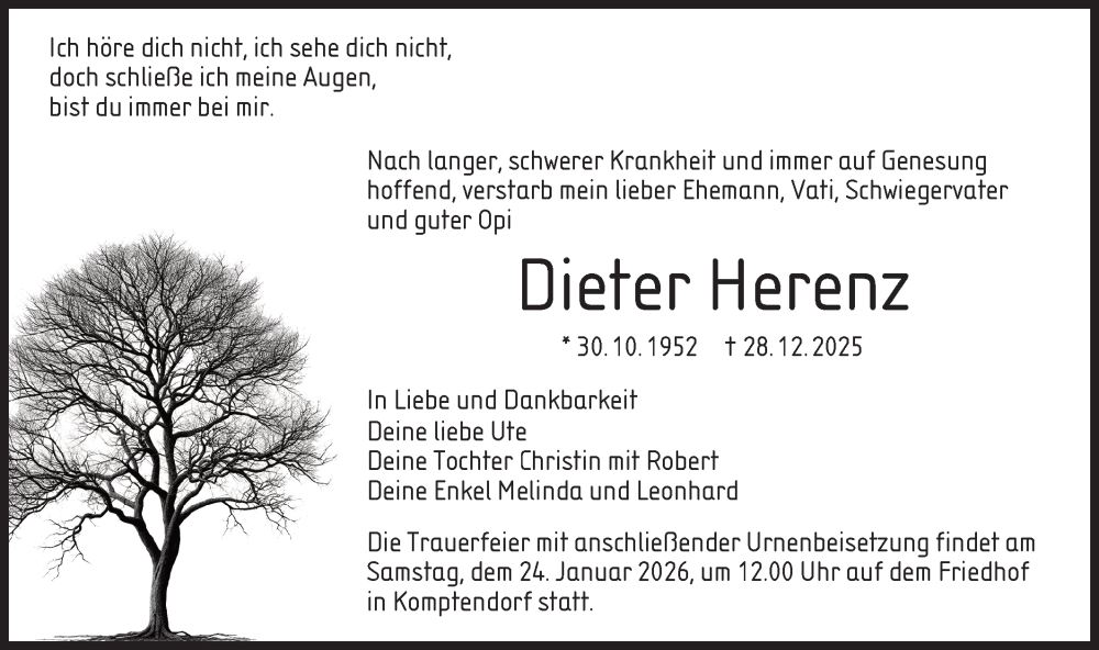  Traueranzeige für Dieter Herenz vom 17.01.2026 aus Lausitzer Rundschau