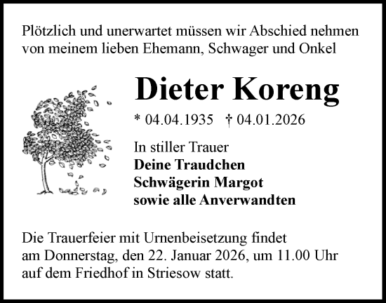 Traueranzeige von Dieter Koreng von Lausitzer Rundschau