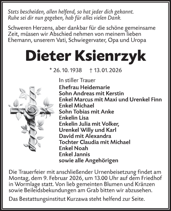 Traueranzeige von Dieter Ksienrzyk von Lausitzer Rundschau