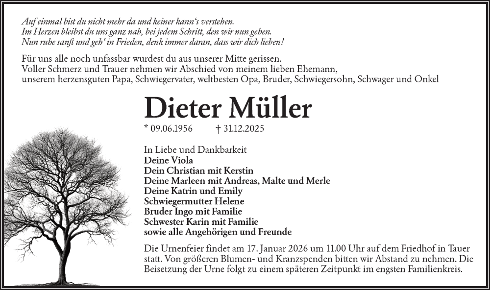  Traueranzeige für Dieter Müller vom 10.01.2026 aus Lausitzer Rundschau