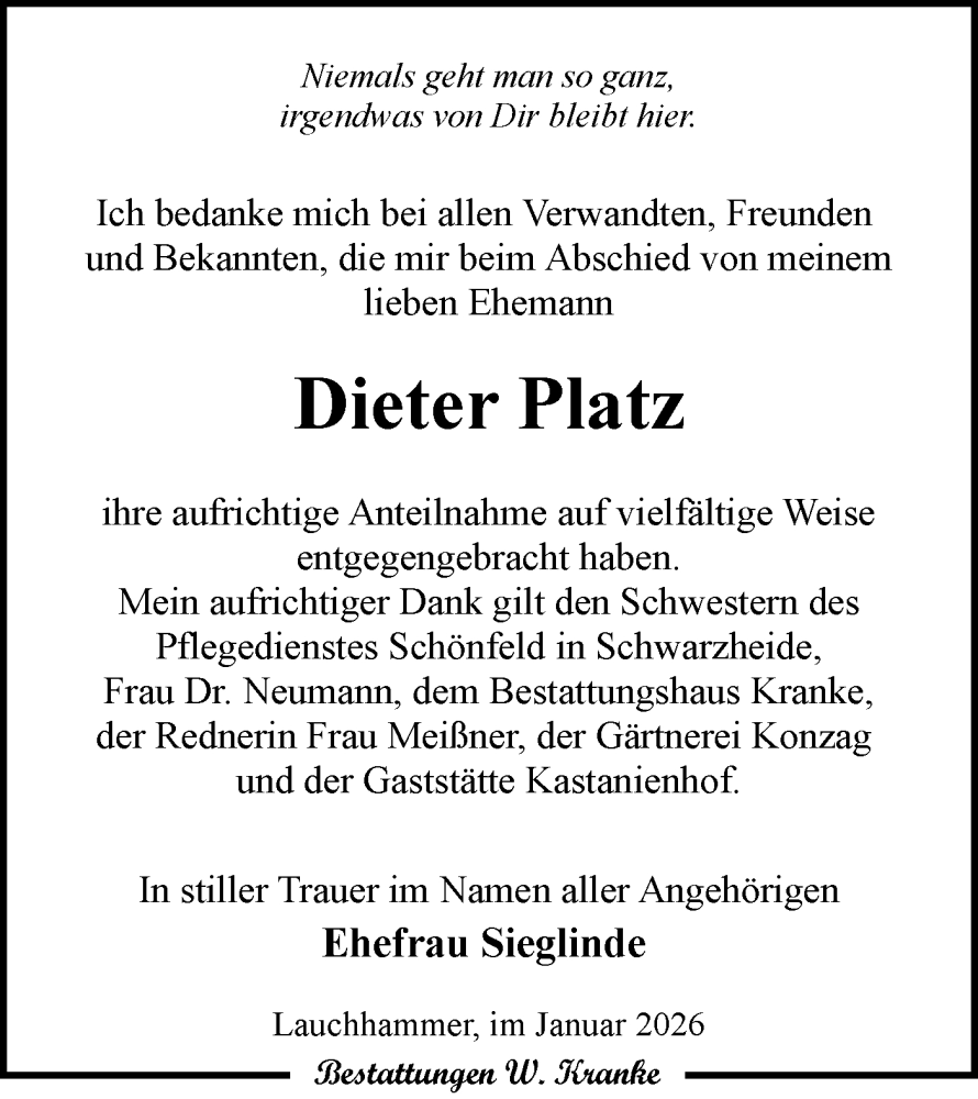  Traueranzeige für Dieter Platz vom 24.01.2026 aus Lausitzer Rundschau
