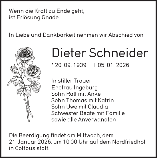 Traueranzeige von Dieter Schneider von Lausitzer Rundschau