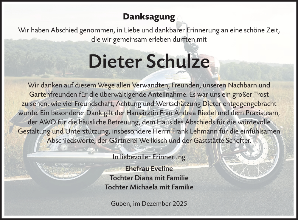  Traueranzeige für Dieter Schulze vom 10.01.2026 aus Lausitzer Rundschau