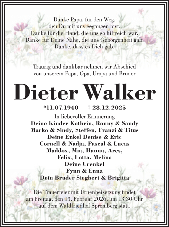 Traueranzeige von Dieter Walker von Lausitzer Rundschau