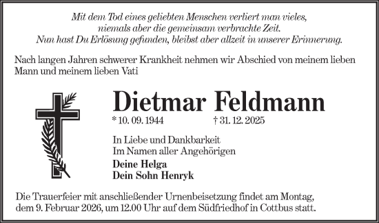 Traueranzeige von Dietmar Feldmann von Lausitzer Rundschau