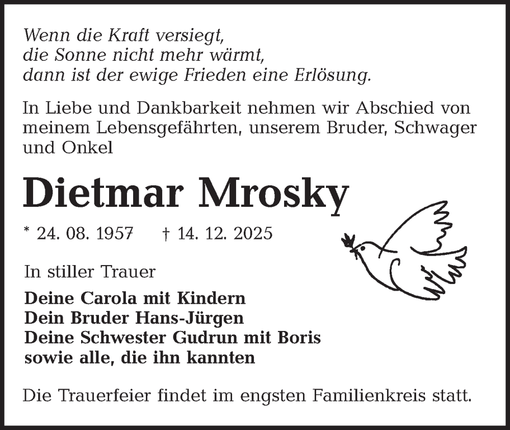  Traueranzeige für Dietmar Mrosky vom 03.01.2026 aus Ausg. LR Spreewald RS