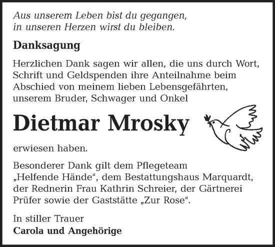 Traueranzeige von Dietmar Mrosky von Ausg. LR Spreewald RS