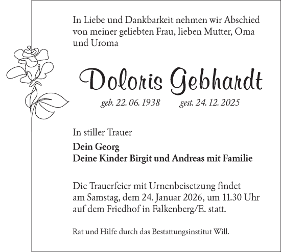 Traueranzeige von Doloris Gebhardt von Lausitzer Rundschau