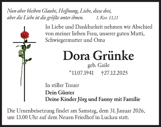 Traueranzeige von Dora Grünke von Ausg. LR Spreewald RS