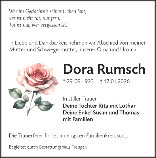 Traueranzeige von Dora Rumsch von Lausitzer Rundschau