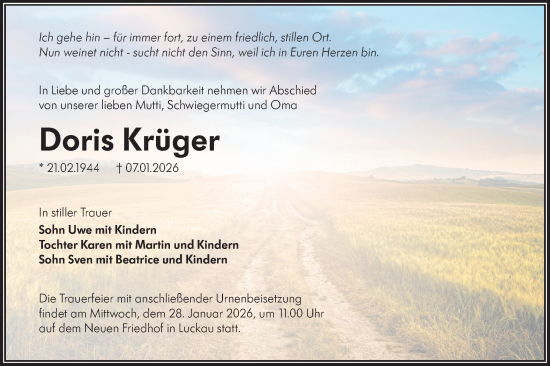 Traueranzeige von Doris Krüger von Ausg. LR Spreewald RS