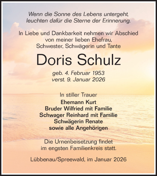 Traueranzeige von Doris Schulz von Ausg. LR Spreewald RS