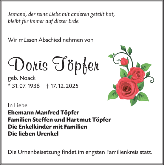 Traueranzeige von Doris Töpfer von Lausitzer Rundschau
