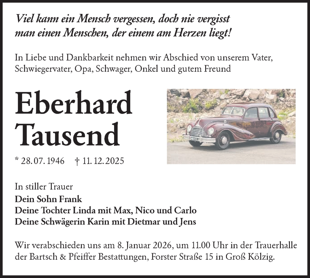  Traueranzeige für Eberhard Tausend vom 03.01.2026 aus Lausitzer Rundschau