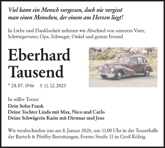 Traueranzeige von Eberhard Tausend von Lausitzer Rundschau