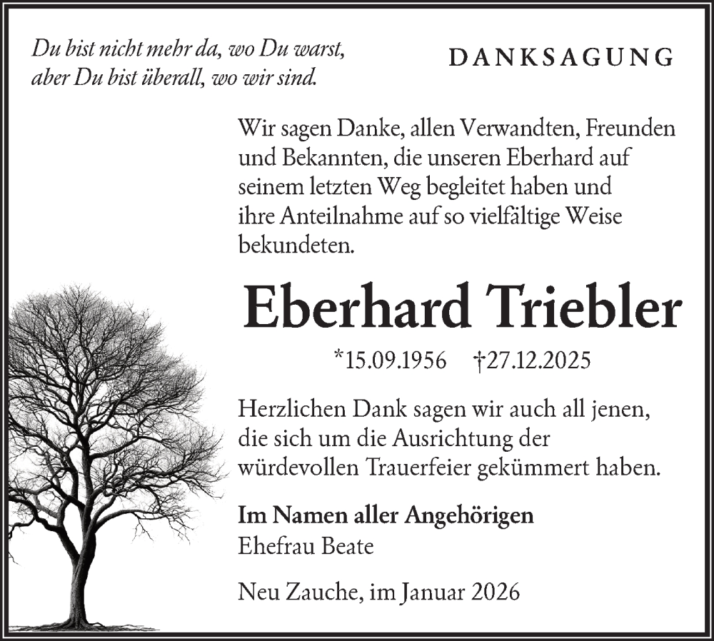  Traueranzeige für Eberhard Triebler vom 31.01.2026 aus Ausg. LR Spreewald RS