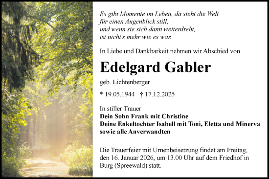 Traueranzeige von Edelgard Gabler von Lausitzer Rundschau