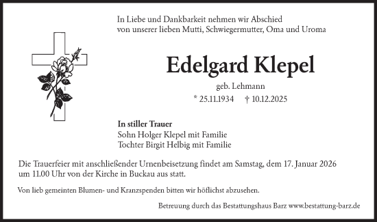 Traueranzeige von Edelgard Klepel von Lausitzer Rundschau