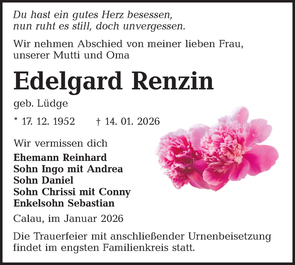  Traueranzeige für Edelgard Renzin vom 31.01.2026 aus Ausg. LR Spreewald RS