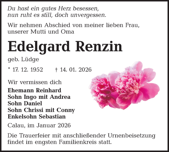 Traueranzeige von Edelgard Renzin von Ausg. LR Spreewald RS