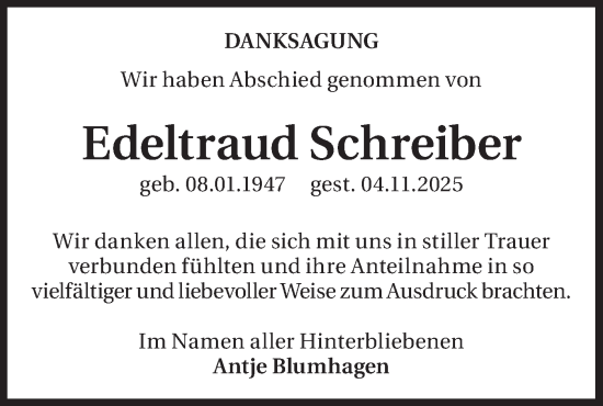 Traueranzeige von Edeltraud Schreiber von Lausitzer Rundschau