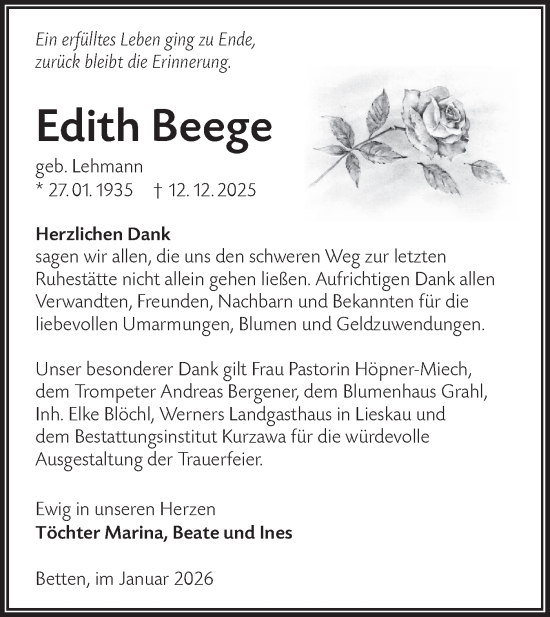 Traueranzeige von Edith Beege von Lausitzer Rundschau
