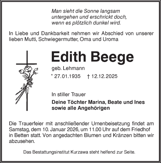 Traueranzeige von Edith Beege von Lausitzer Rundschau