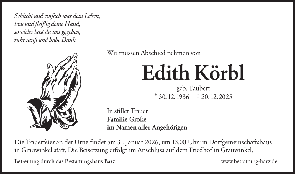  Traueranzeige für Edith Körbl vom 17.01.2026 aus Lausitzer Rundschau