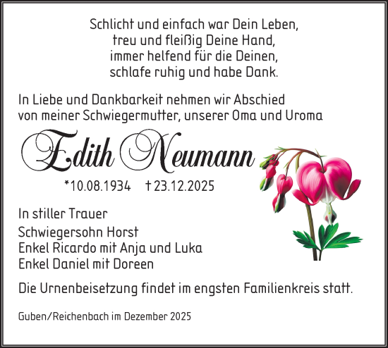 Traueranzeige von Edith Neumann von Lausitzer Rundschau