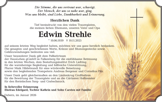 Traueranzeige von Edwin Strehle von Lausitzer Rundschau