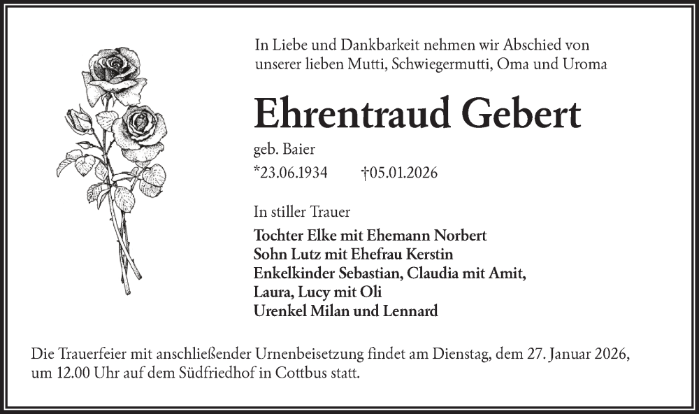  Traueranzeige für Ehrentraud Gebert vom 17.01.2026 aus Lausitzer Rundschau