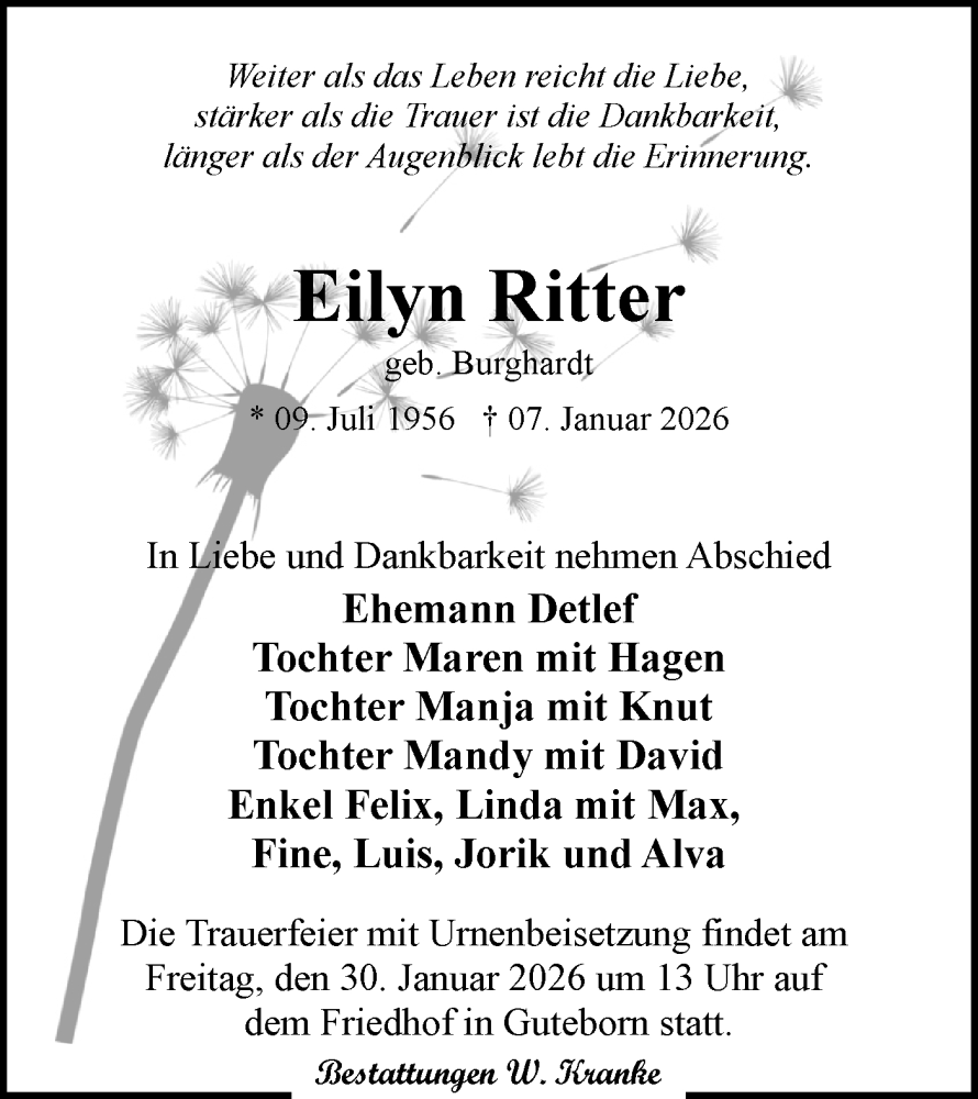  Traueranzeige für Eilyn Ritter vom 17.01.2026 aus Lausitzer Rundschau