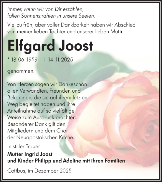 Traueranzeige von Elfgard Joost von Lausitzer Rundschau