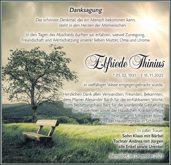Traueranzeige von Elfriede Thinius von Lausitzer Rundschau