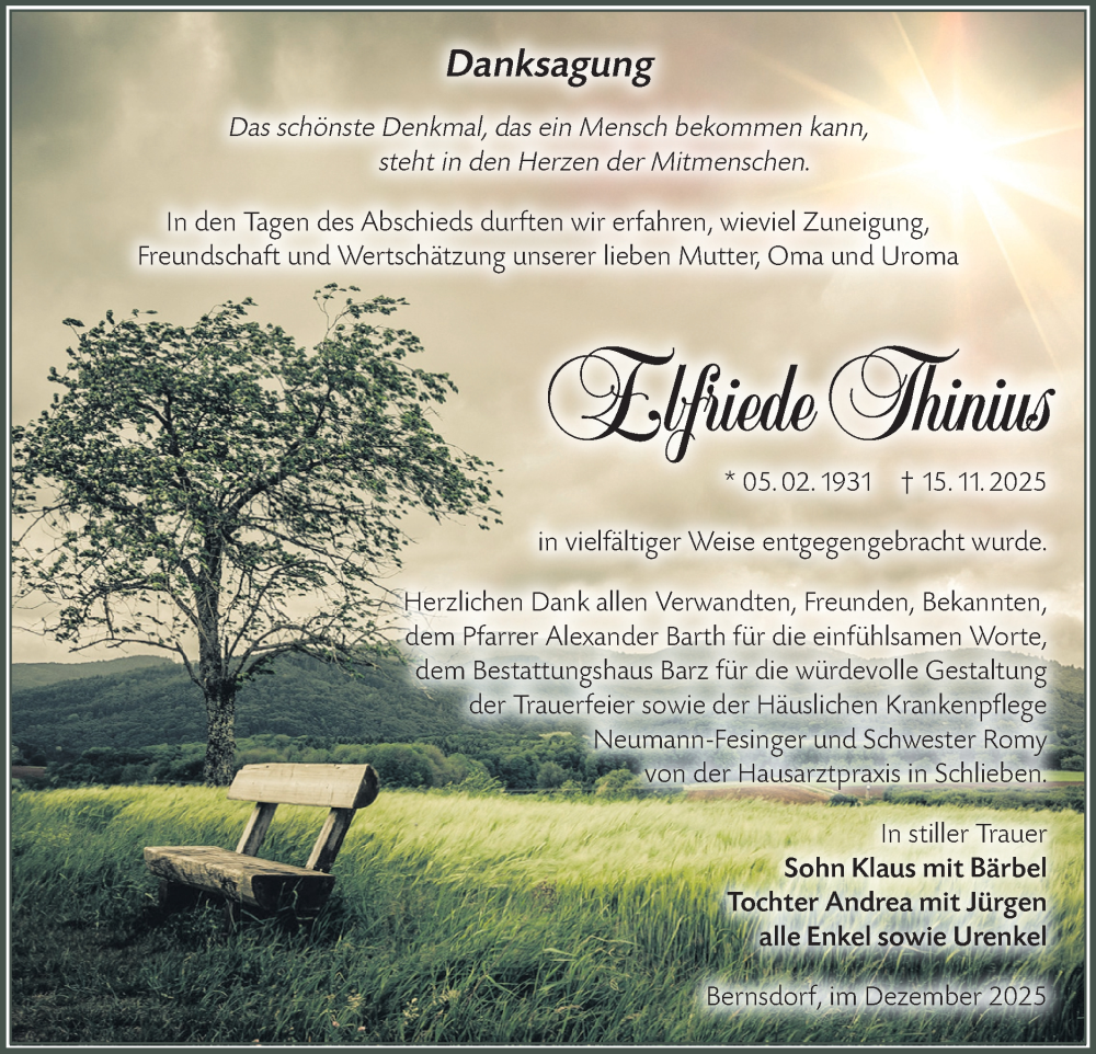  Traueranzeige für Elfriede Thinius vom 03.01.2026 aus Lausitzer Rundschau
