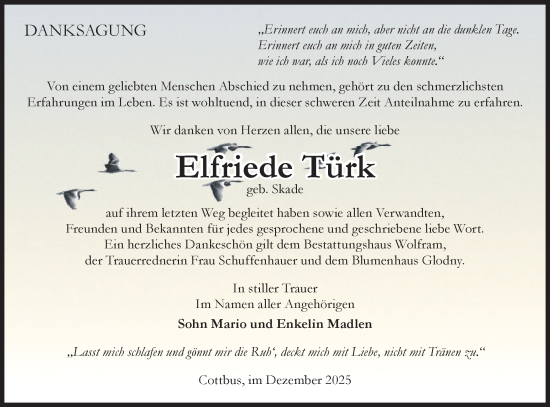 Traueranzeige von Elfriede Türk von Lausitzer Rundschau
