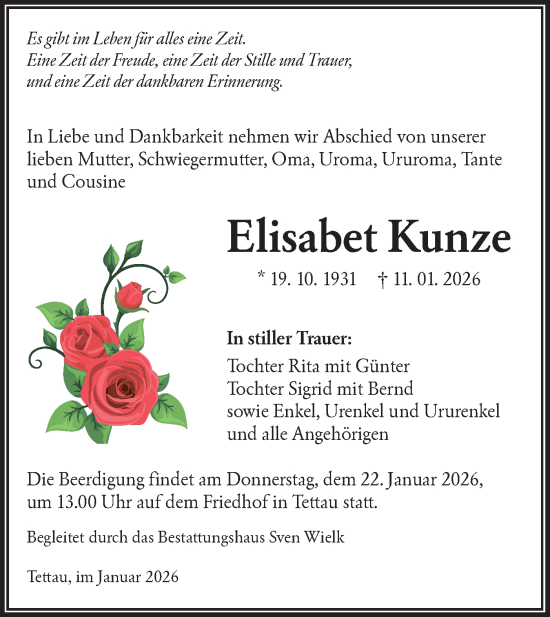 Traueranzeige von Elisabet Kunze von Lausitzer Rundschau