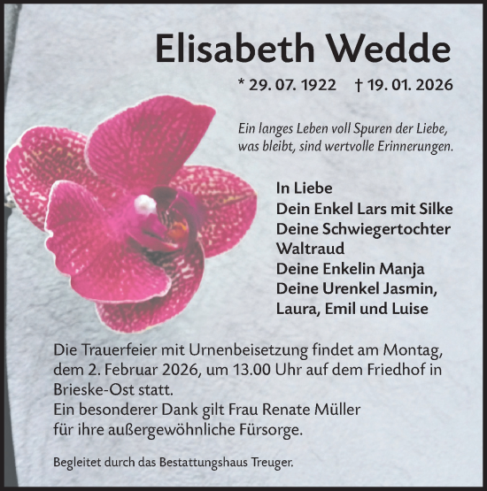 Traueranzeige von Elisabeth Wedde von Lausitzer Rundschau