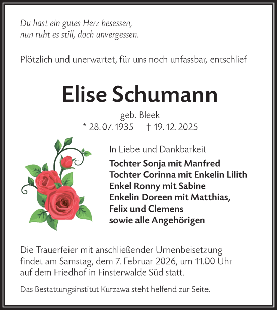 Traueranzeige von Elise Schumann von Lausitzer Rundschau