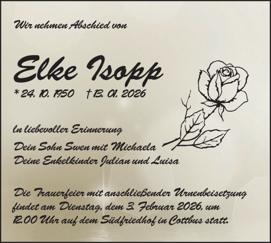 Traueranzeige von Elke Isopp von Lausitzer Rundschau