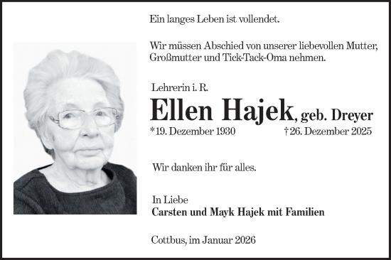 Traueranzeige von Ellen Hajek von Lausitzer Rundschau