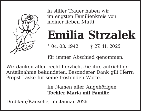 Traueranzeige von Emilia Strzalek von Lausitzer Rundschau