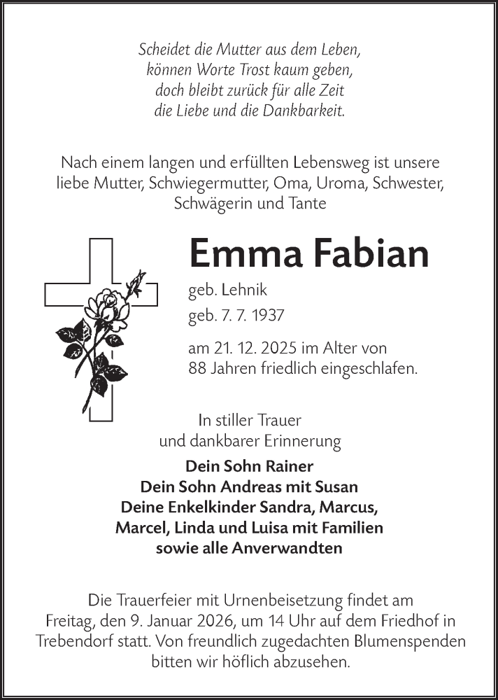  Traueranzeige für Emma Fabian vom 02.01.2026 aus Lausitzer Rundschau