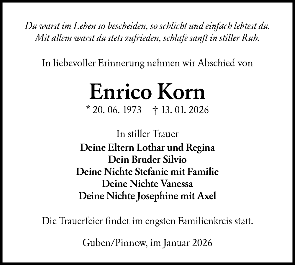  Traueranzeige für Enrico Korn vom 21.01.2026 aus Lausitzer Rundschau