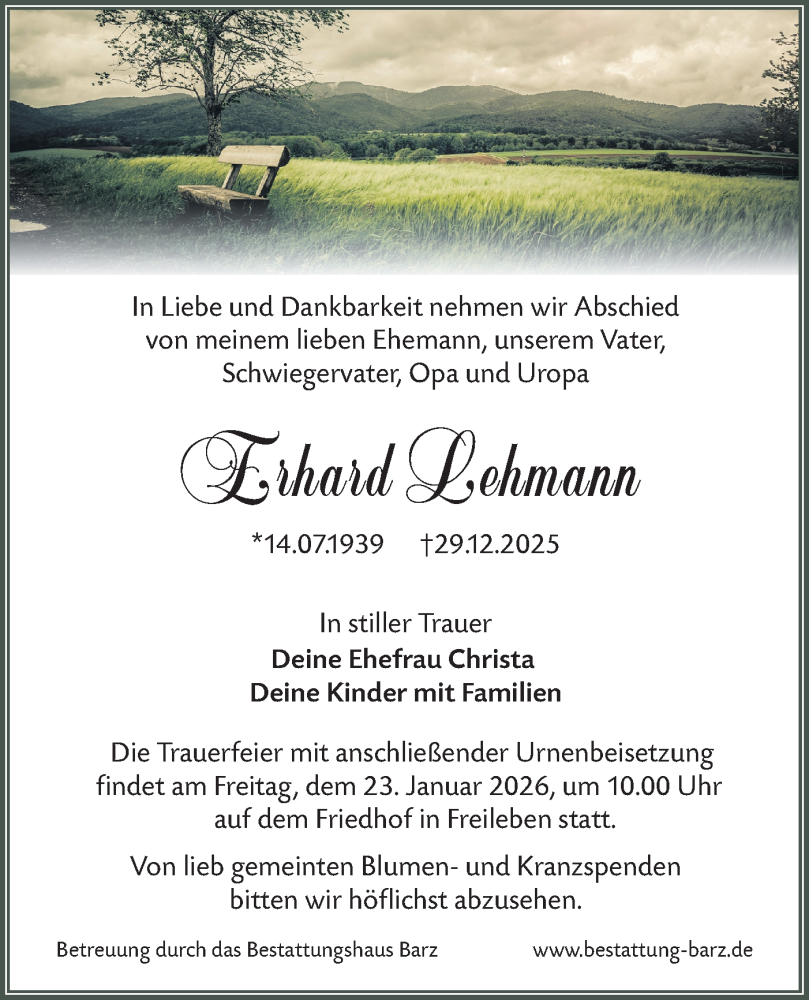 Traueranzeige für Erhard Lehmann vom 10.01.2026 aus Lausitzer Rundschau