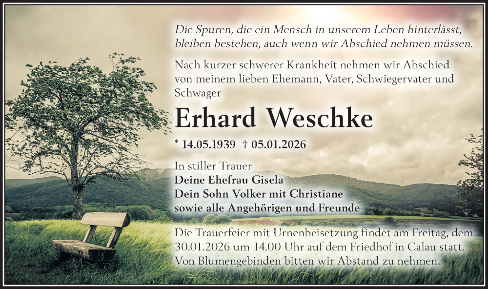  Traueranzeige für Erhard Weschke vom 17.01.2026 aus Ausg. LR Spreewald RS