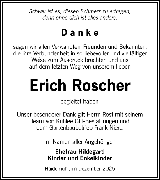 Traueranzeige von Erich Roscher von Lausitzer Rundschau
