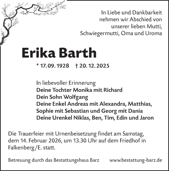 Traueranzeige von Erika Barth von Lausitzer Rundschau