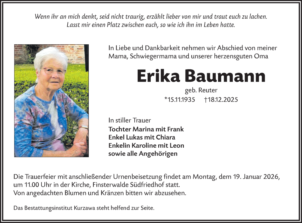  Traueranzeige für Erika Baumann vom 10.01.2026 aus Lausitzer Rundschau